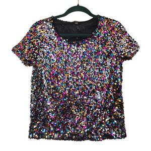 INC International Concepts Womens Multi-Color Sequin Short Sleeve Top XS Rainbow